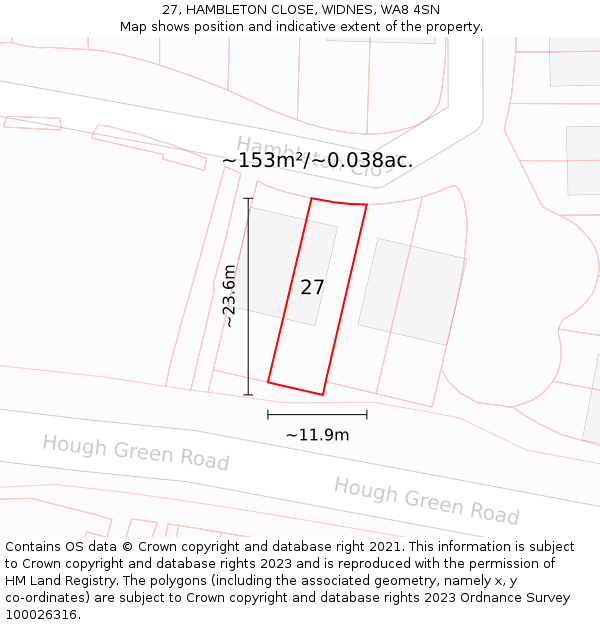 27, HAMBLETON CLOSE, WIDNES, WA8 4SN: Plot and title map