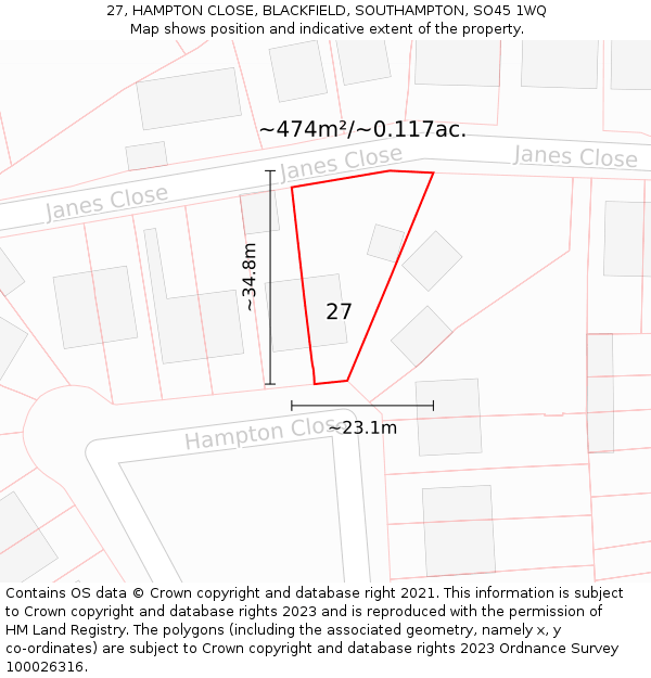 27, HAMPTON CLOSE, BLACKFIELD, SOUTHAMPTON, SO45 1WQ: Plot and title map