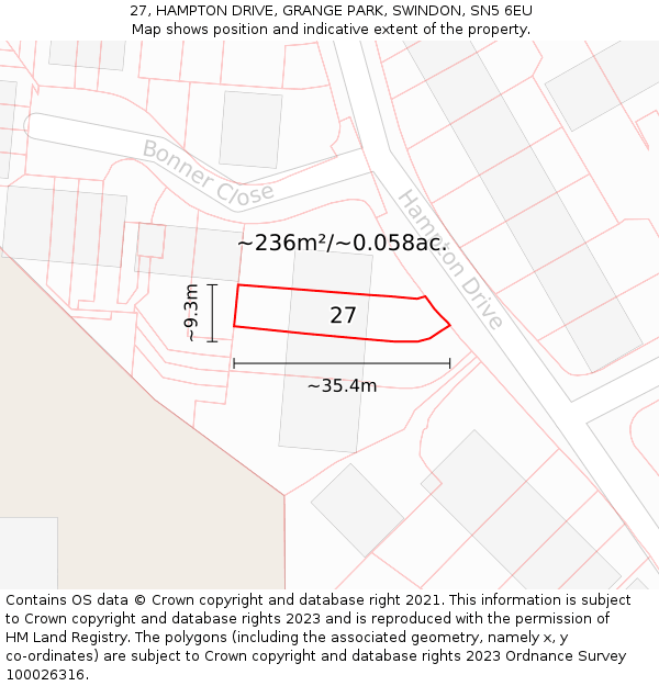 27, HAMPTON DRIVE, GRANGE PARK, SWINDON, SN5 6EU: Plot and title map