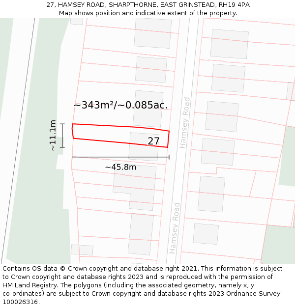 27, HAMSEY ROAD, SHARPTHORNE, EAST GRINSTEAD, RH19 4PA: Plot and title map