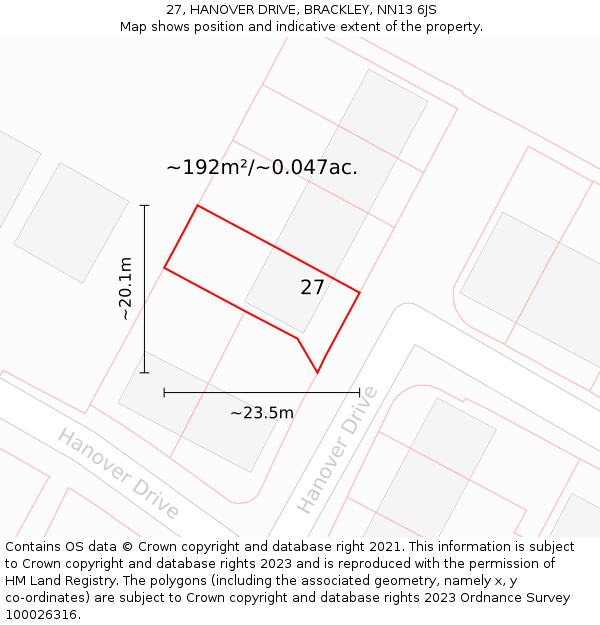 27, HANOVER DRIVE, BRACKLEY, NN13 6JS: Plot and title map