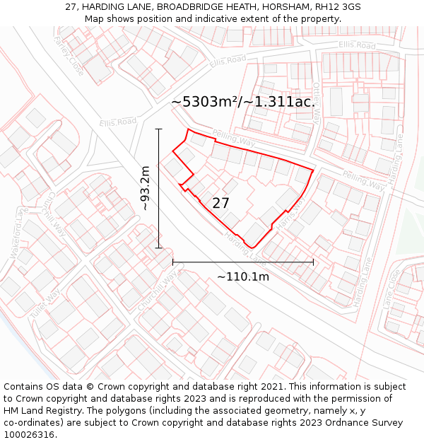 27, HARDING LANE, BROADBRIDGE HEATH, HORSHAM, RH12 3GS: Plot and title map