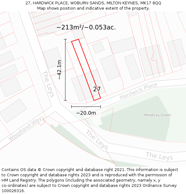 27, HARDWICK PLACE, WOBURN SANDS, MILTON KEYNES, MK17 8QQ: Plot and title map