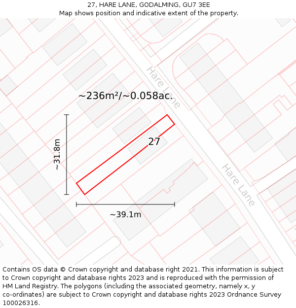 27, HARE LANE, GODALMING, GU7 3EE: Plot and title map