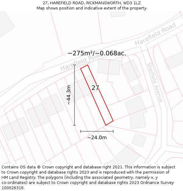 27, HAREFIELD ROAD, RICKMANSWORTH, WD3 1LZ: Plot and title map
