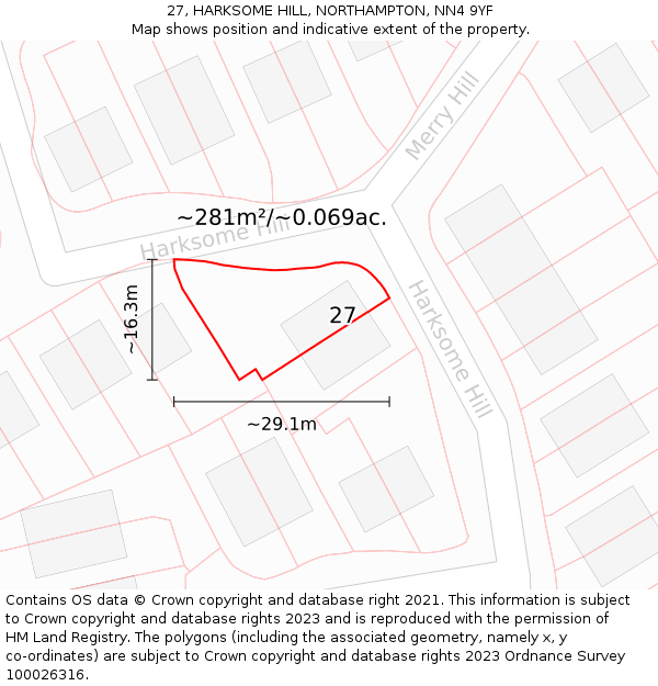 27, HARKSOME HILL, NORTHAMPTON, NN4 9YF: Plot and title map