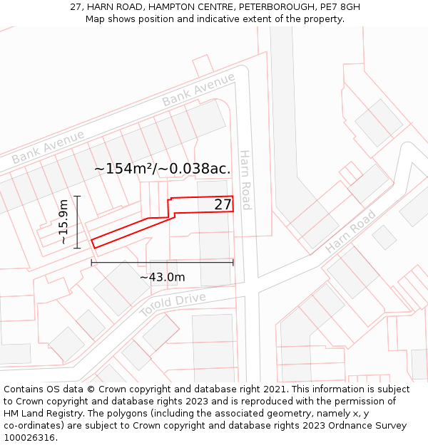 27, HARN ROAD, HAMPTON CENTRE, PETERBOROUGH, PE7 8GH: Plot and title map