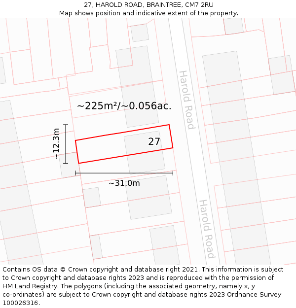 27, HAROLD ROAD, BRAINTREE, CM7 2RU: Plot and title map