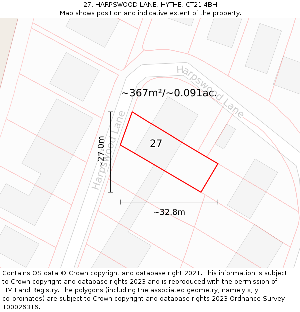 27, HARPSWOOD LANE, HYTHE, CT21 4BH: Plot and title map