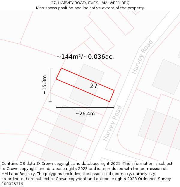 27, HARVEY ROAD, EVESHAM, WR11 3BQ: Plot and title map