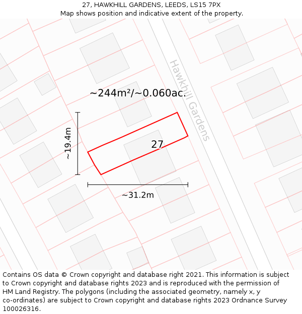 27, HAWKHILL GARDENS, LEEDS, LS15 7PX: Plot and title map