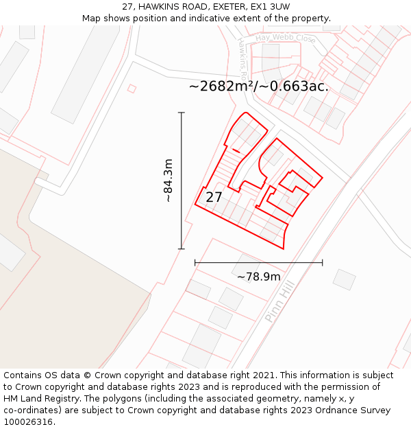 27, HAWKINS ROAD, EXETER, EX1 3UW: Plot and title map