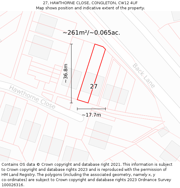 27, HAWTHORNE CLOSE, CONGLETON, CW12 4UF: Plot and title map