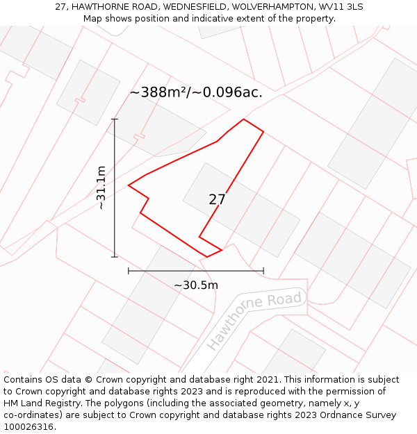 27, HAWTHORNE ROAD, WEDNESFIELD, WOLVERHAMPTON, WV11 3LS: Plot and title map