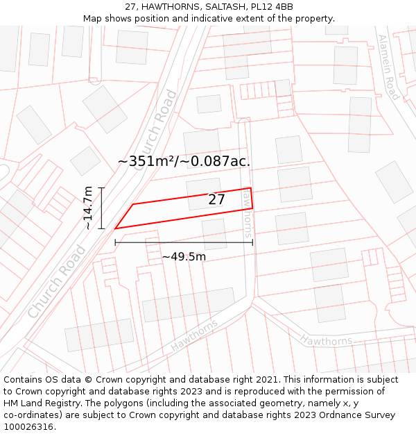 27, HAWTHORNS, SALTASH, PL12 4BB: Plot and title map