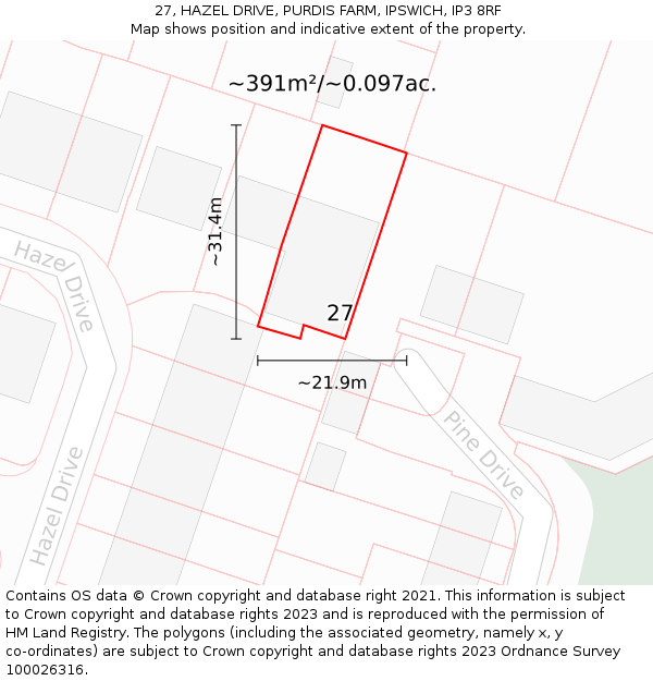 27, HAZEL DRIVE, PURDIS FARM, IPSWICH, IP3 8RF: Plot and title map