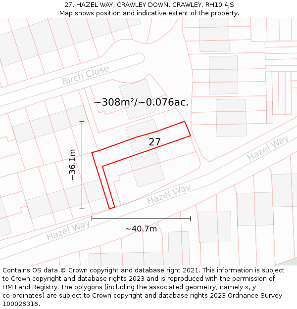 27, HAZEL WAY, CRAWLEY DOWN, CRAWLEY, RH10 4JS: Plot and title map