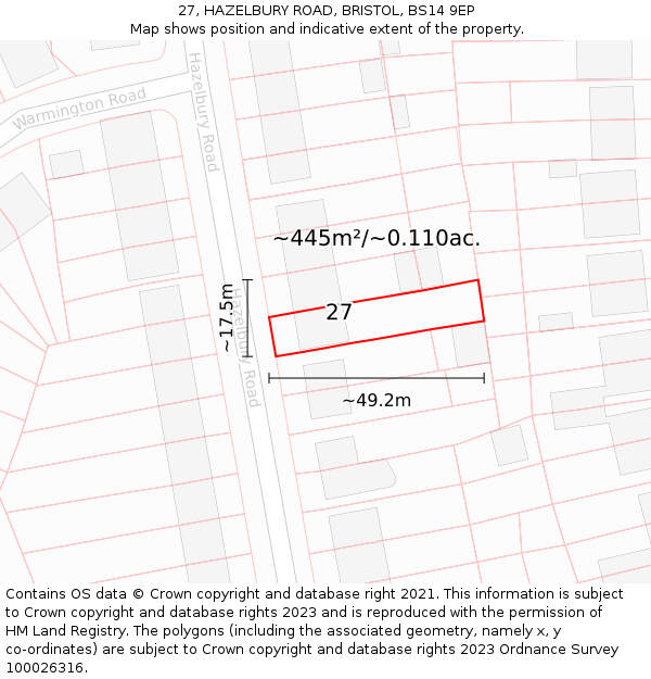 27, HAZELBURY ROAD, BRISTOL, BS14 9EP: Plot and title map
