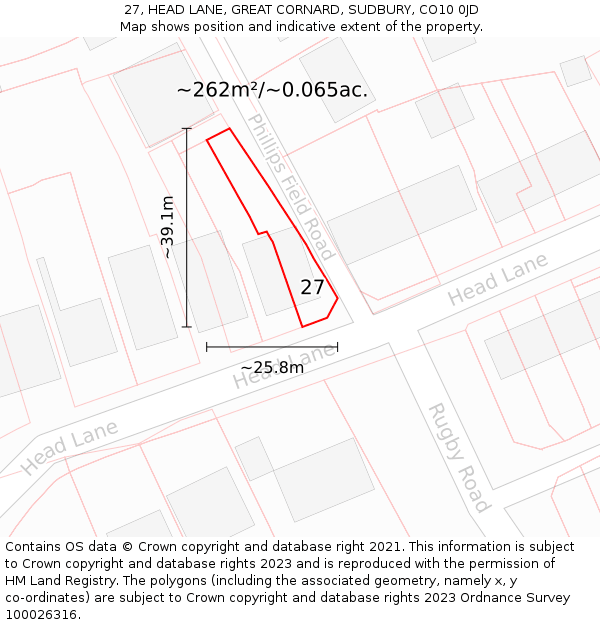 27, HEAD LANE, GREAT CORNARD, SUDBURY, CO10 0JD: Plot and title map