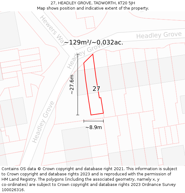 27, HEADLEY GROVE, TADWORTH, KT20 5JH: Plot and title map