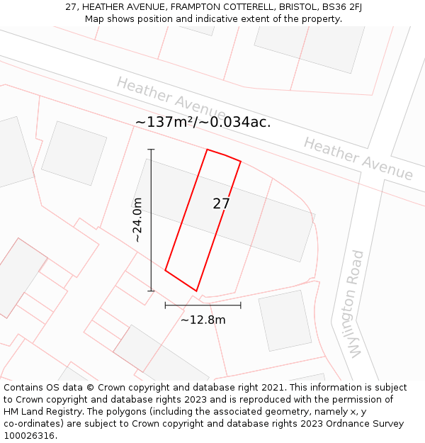 27, HEATHER AVENUE, FRAMPTON COTTERELL, BRISTOL, BS36 2FJ: Plot and title map