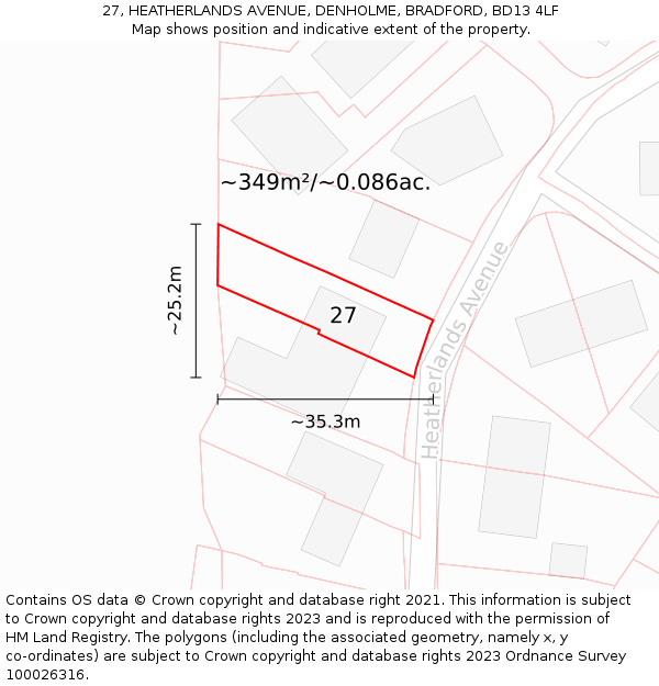 27, HEATHERLANDS AVENUE, DENHOLME, BRADFORD, BD13 4LF: Plot and title map