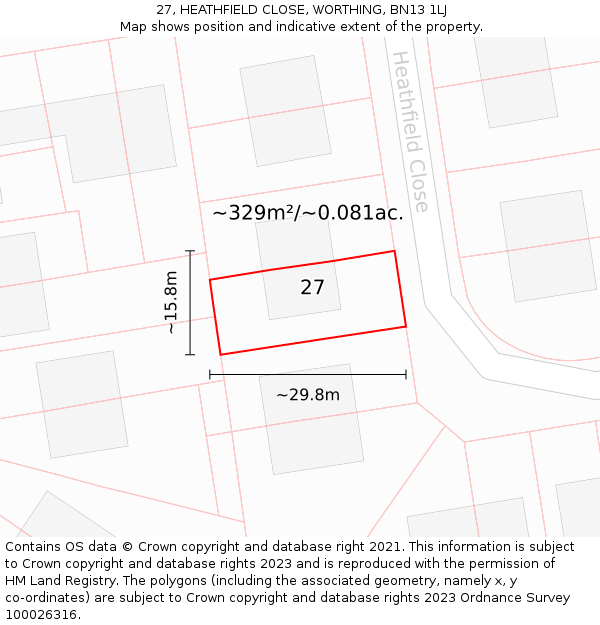 27, HEATHFIELD CLOSE, WORTHING, BN13 1LJ: Plot and title map