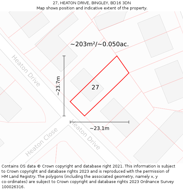 27, HEATON DRIVE, BINGLEY, BD16 3DN: Plot and title map