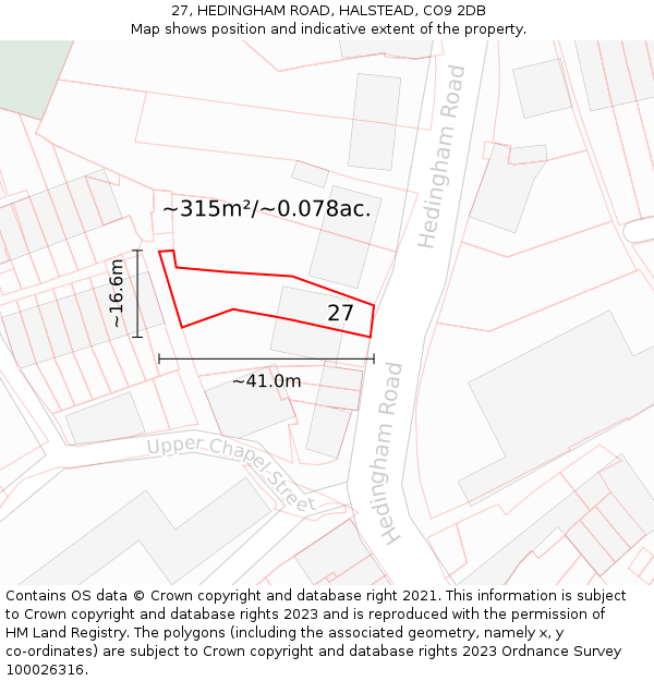27, HEDINGHAM ROAD, HALSTEAD, CO9 2DB: Plot and title map