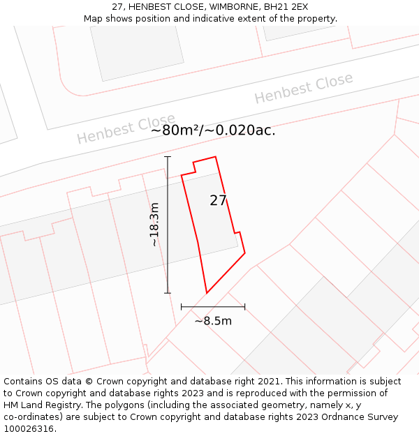 27, HENBEST CLOSE, WIMBORNE, BH21 2EX: Plot and title map