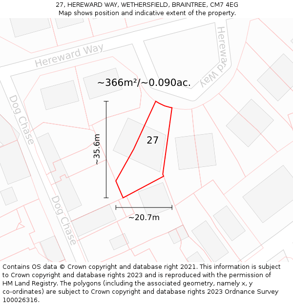 27, HEREWARD WAY, WETHERSFIELD, BRAINTREE, CM7 4EG: Plot and title map