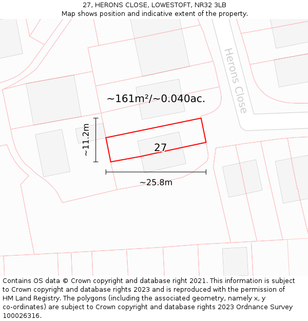 27, HERONS CLOSE, LOWESTOFT, NR32 3LB: Plot and title map