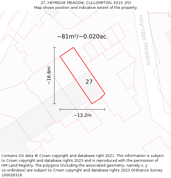 27, HEYRIDGE MEADOW, CULLOMPTON, EX15 1FD: Plot and title map