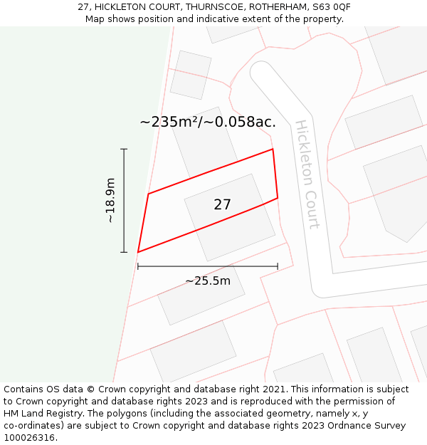 27, HICKLETON COURT, THURNSCOE, ROTHERHAM, S63 0QF: Plot and title map
