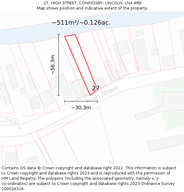 27, HIGH STREET, CONINGSBY, LINCOLN, LN4 4RB: Plot and title map