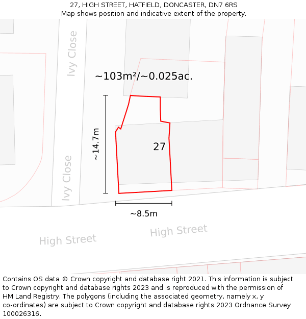 27, HIGH STREET, HATFIELD, DONCASTER, DN7 6RS: Plot and title map
