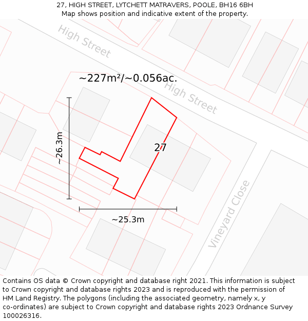 27, HIGH STREET, LYTCHETT MATRAVERS, POOLE, BH16 6BH: Plot and title map