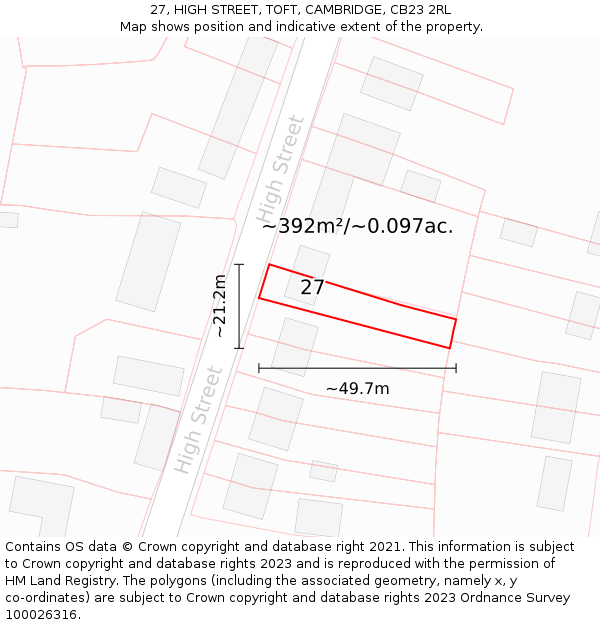 27, HIGH STREET, TOFT, CAMBRIDGE, CB23 2RL: Plot and title map