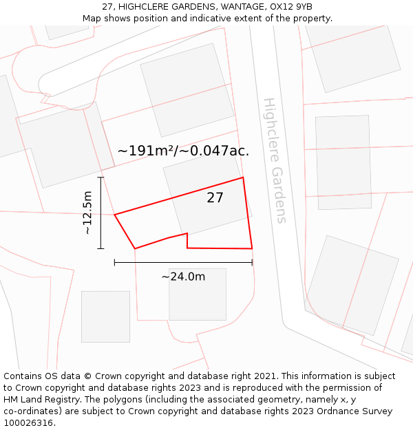 27, HIGHCLERE GARDENS, WANTAGE, OX12 9YB: Plot and title map