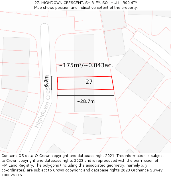 27, HIGHDOWN CRESCENT, SHIRLEY, SOLIHULL, B90 4TY: Plot and title map