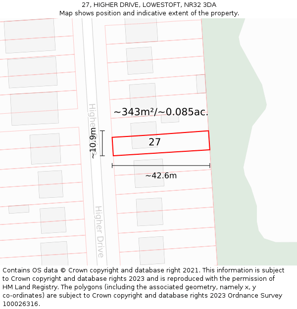 27, HIGHER DRIVE, LOWESTOFT, NR32 3DA: Plot and title map