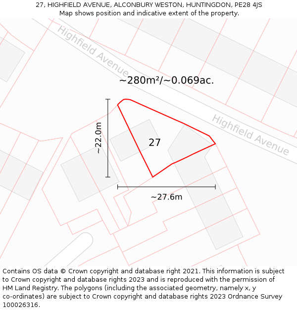 27, HIGHFIELD AVENUE, ALCONBURY WESTON, HUNTINGDON, PE28 4JS: Plot and title map