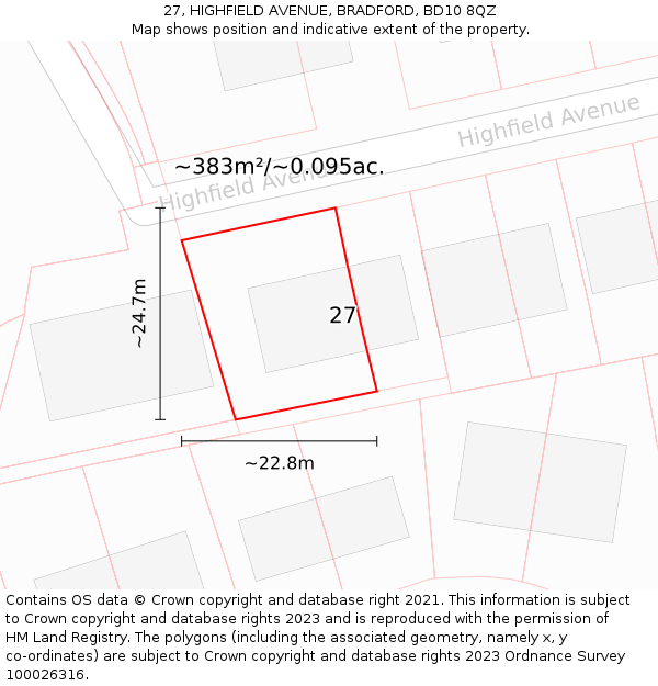 27, HIGHFIELD AVENUE, BRADFORD, BD10 8QZ: Plot and title map