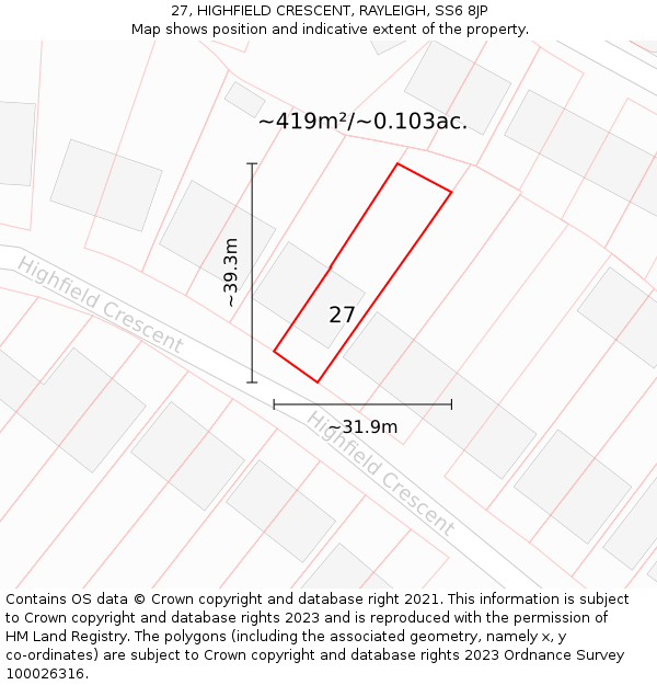 27, HIGHFIELD CRESCENT, RAYLEIGH, SS6 8JP: Plot and title map