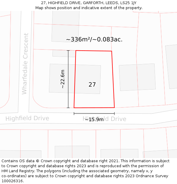 27, HIGHFIELD DRIVE, GARFORTH, LEEDS, LS25 1JY: Plot and title map