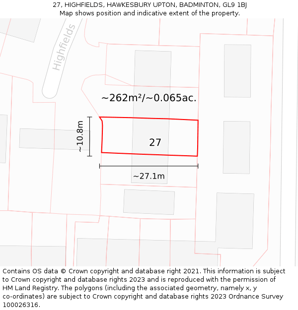27, HIGHFIELDS, HAWKESBURY UPTON, BADMINTON, GL9 1BJ: Plot and title map