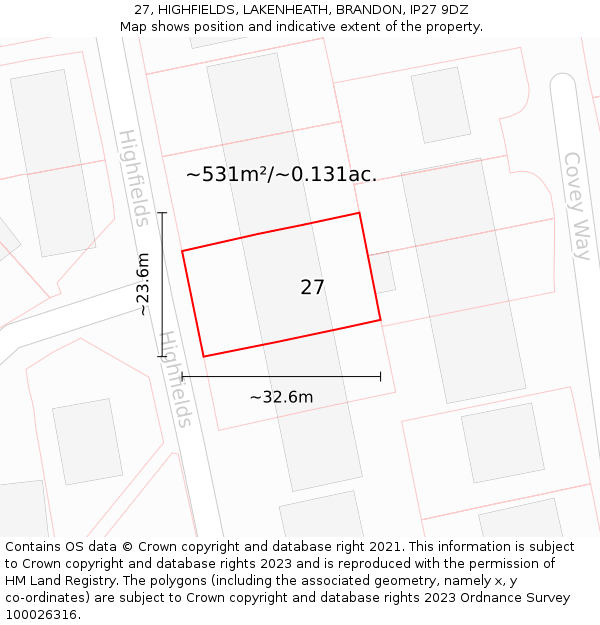 27, HIGHFIELDS, LAKENHEATH, BRANDON, IP27 9DZ: Plot and title map