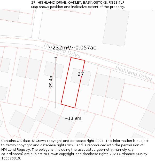 27, HIGHLAND DRIVE, OAKLEY, BASINGSTOKE, RG23 7LF: Plot and title map