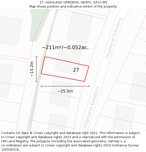 27, HIGHLAND GARDENS, NEATH, SA10 6PJ: Plot and title map