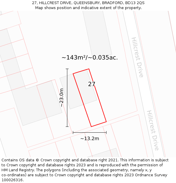 27, HILLCREST DRIVE, QUEENSBURY, BRADFORD, BD13 2QS: Plot and title map